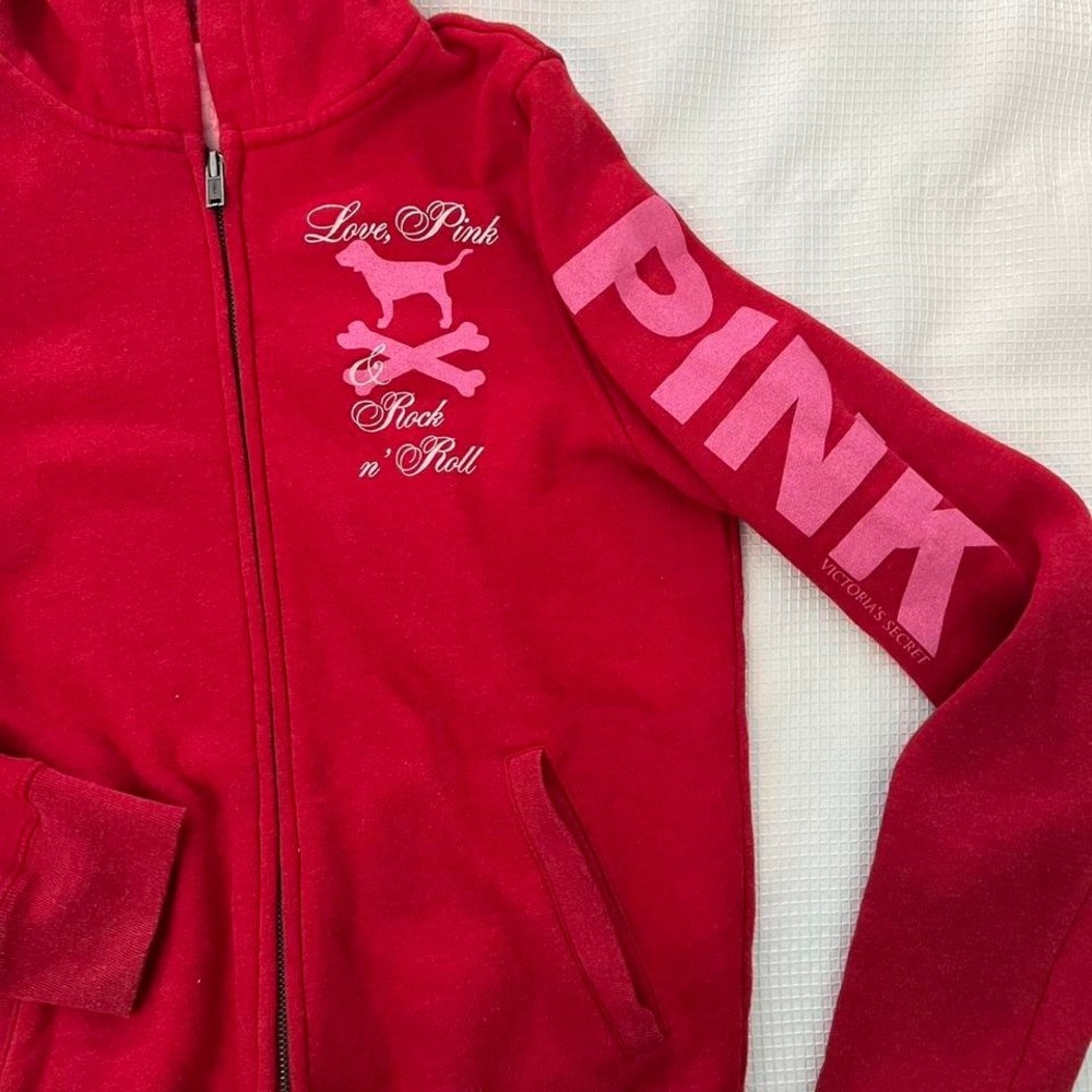 Red Zip Up Hoodie Love Pink Rock n Roll Size Small Y2K PINK